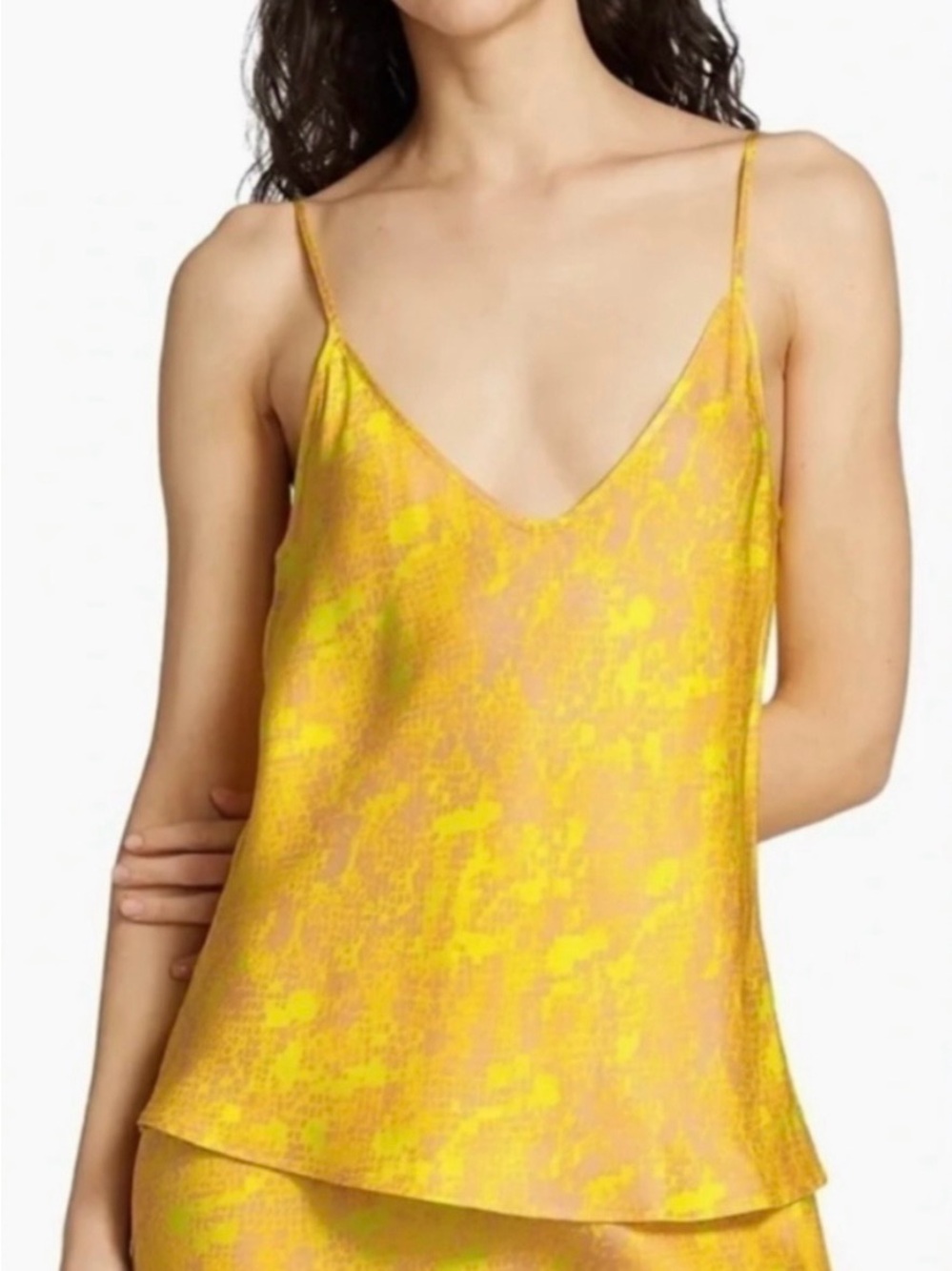 L'AGENCE Yellow Satin V-Neck Cami with Subtle Print